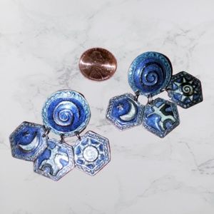 Blue gold moon sun man dangle earrings